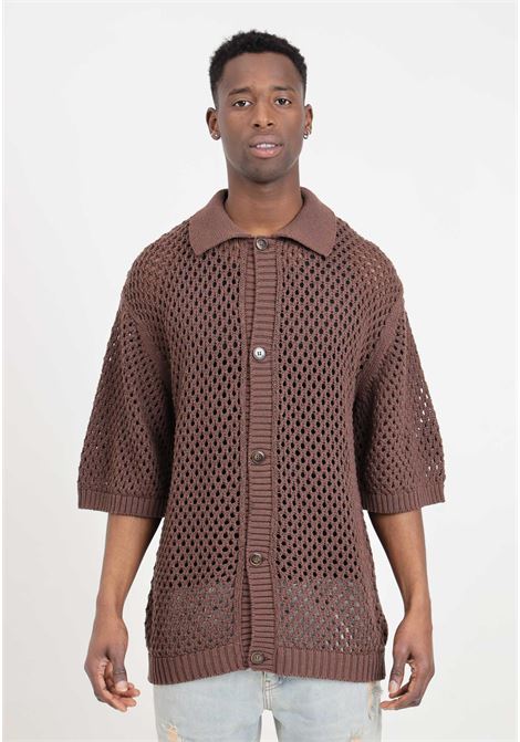 Brown men's half-sleeved cardigan with perforated weave IM BRIAN | MA2810020